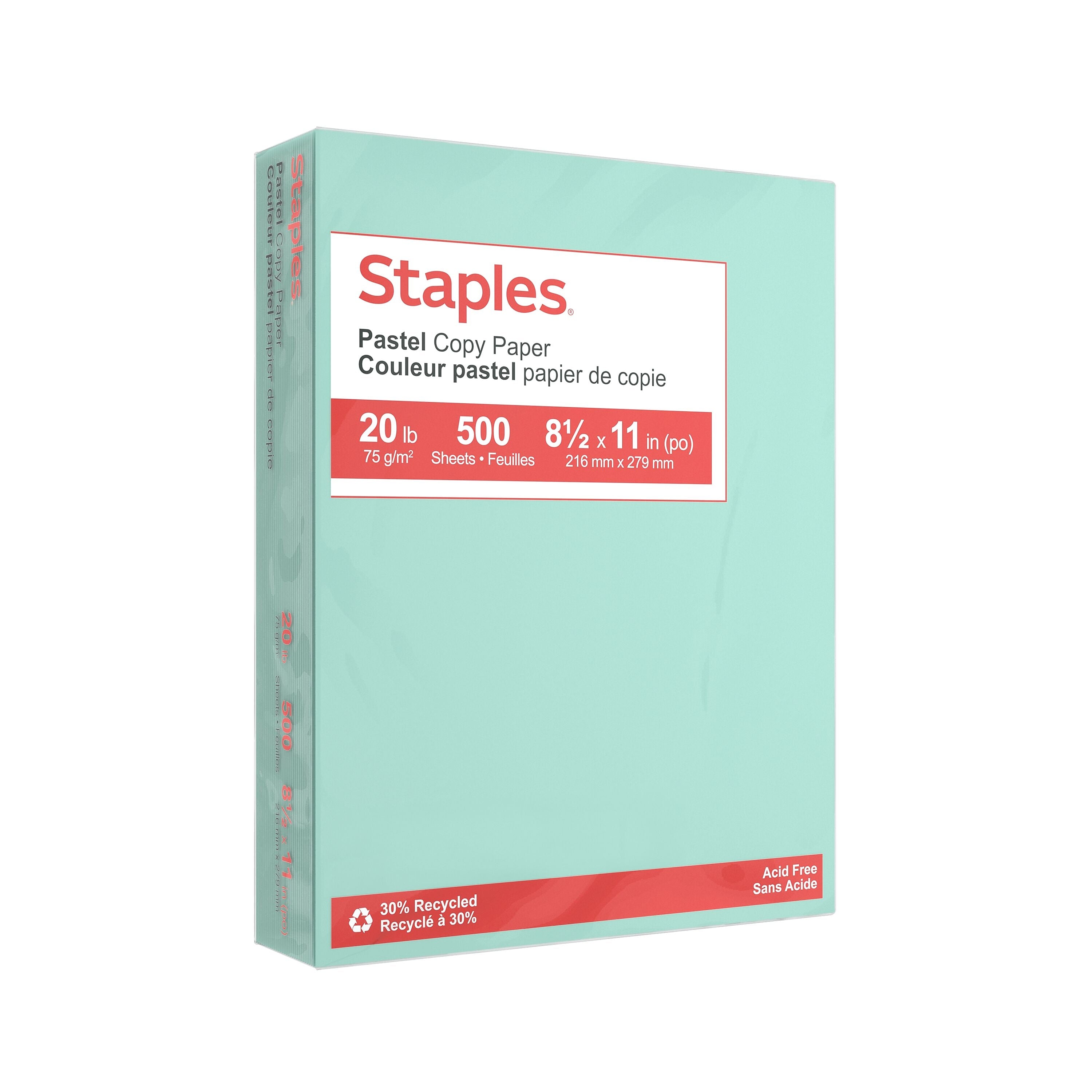 Staples Pastel 30% Recycled Color Copy Paper, 20 lbs., 8.5