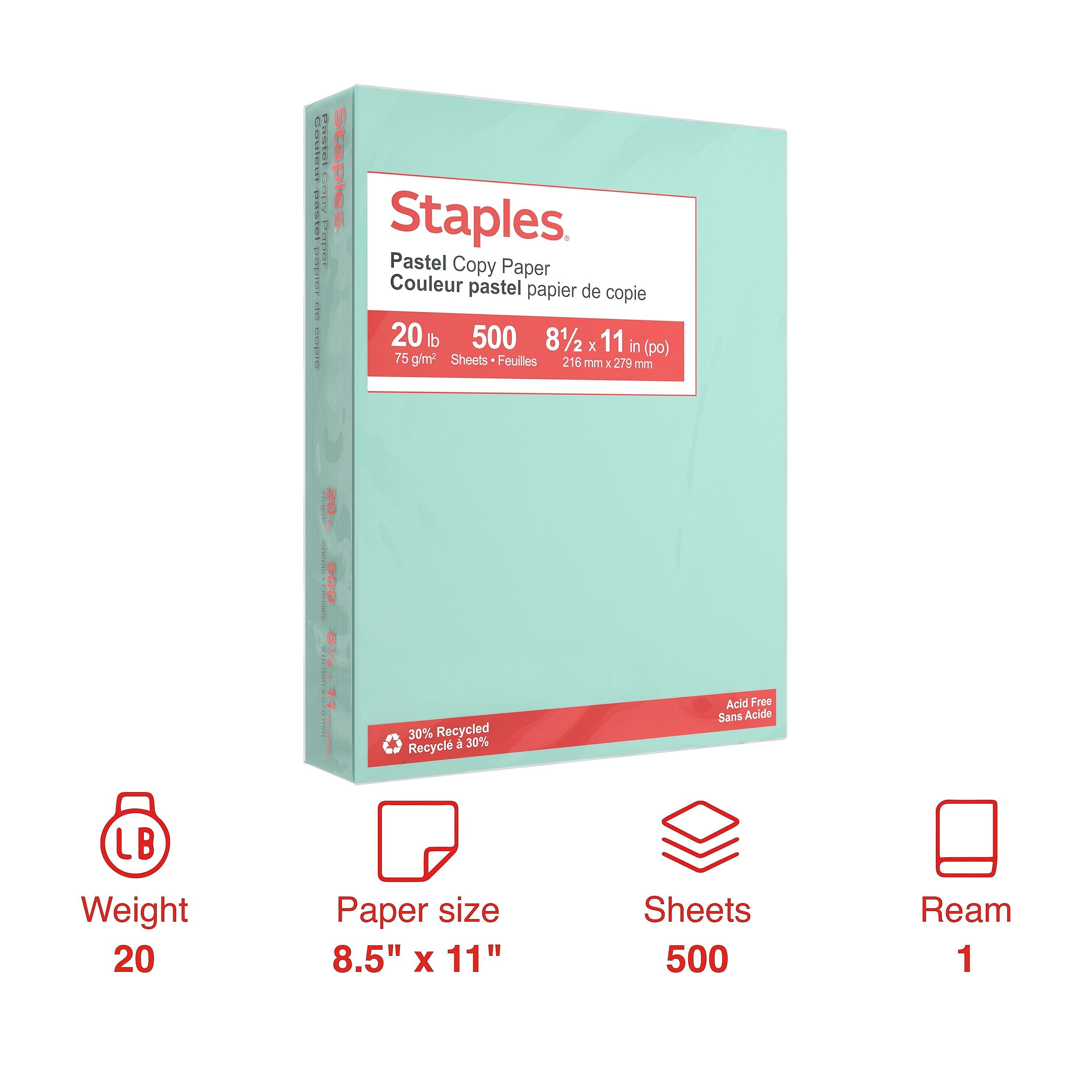Staples Pastel 30% Recycled Color Copy Paper, 20 lbs., 8.5