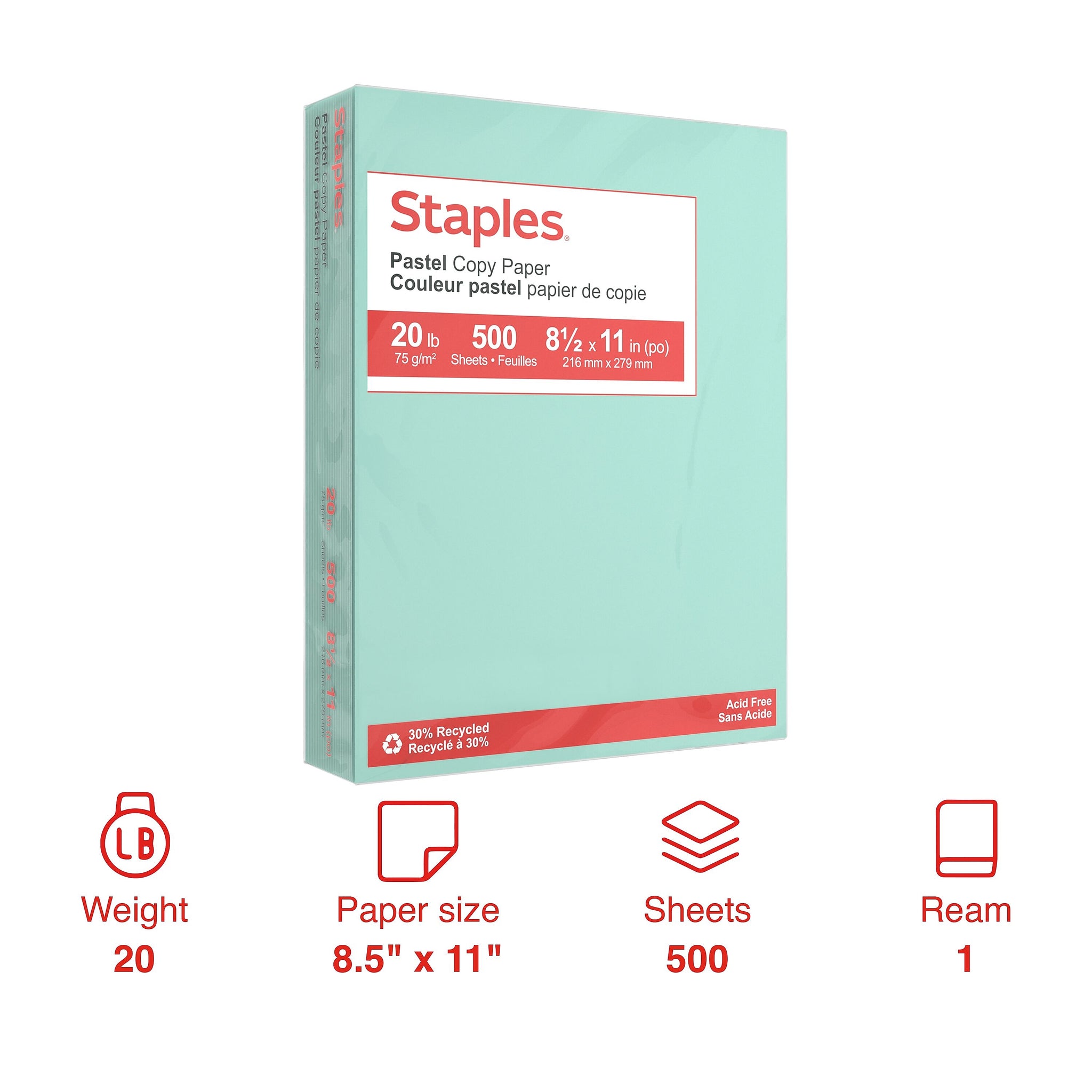 Staples Pastel 30% Recycled Color Copy Paper, 20 lbs., 8.5