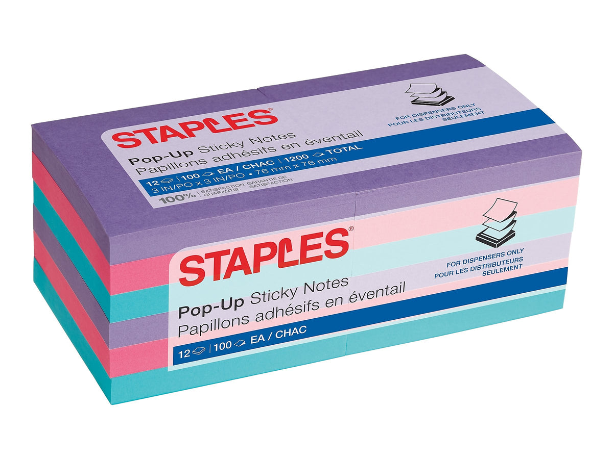 Staples® Pop-up Notes, 3" x 3", Berry Blast Collection, 100 Sheet/Pad, 12 Pads/Pack