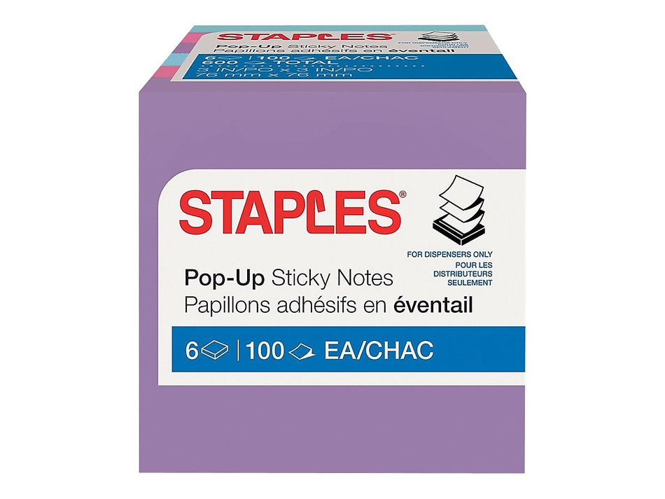 Staples® Pop-up Notes, 3" x 3", Berry Blast Collection, 100 Sheet/Pad, 6 Pads/Pack