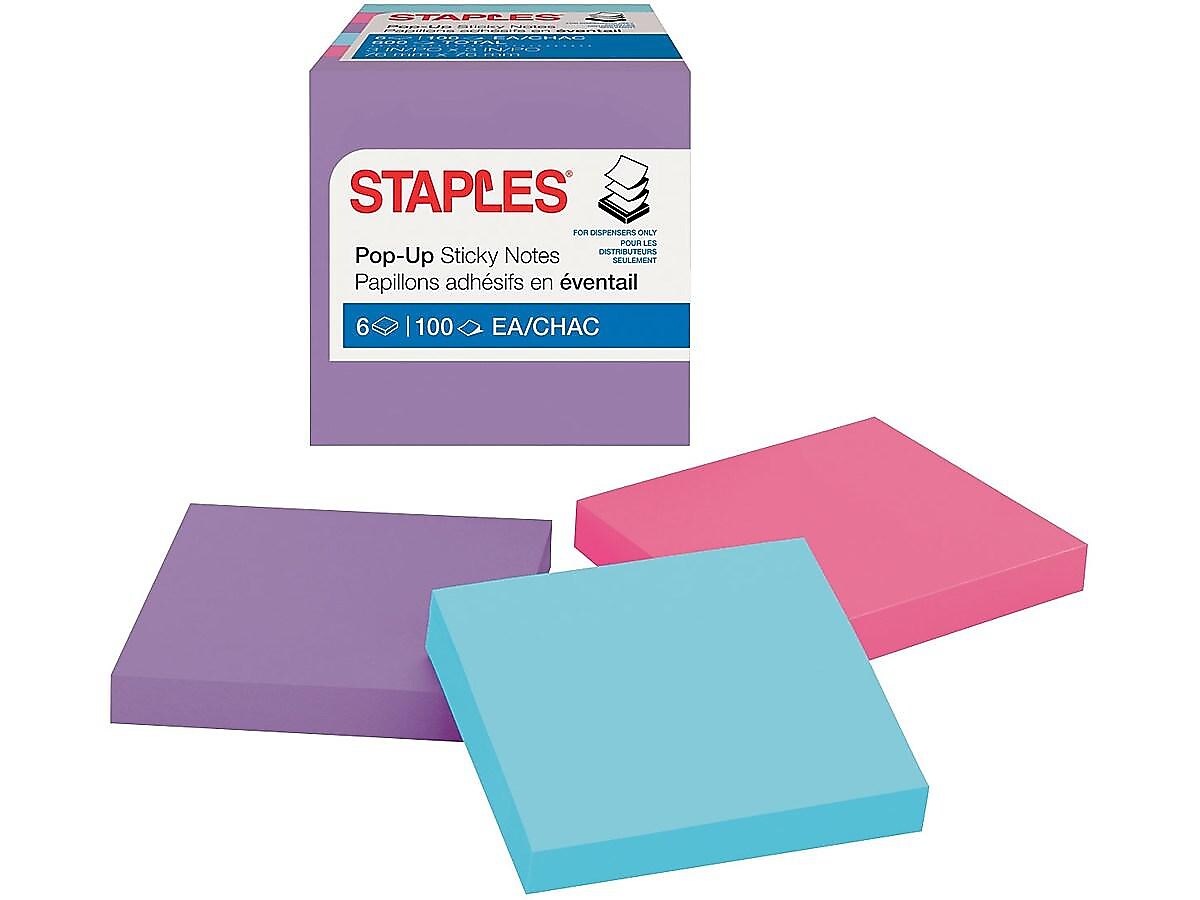 Staples® Pop-up Notes, 3" x 3", Berry Blast Collection, 100 Sheet/Pad, 6 Pads/Pack