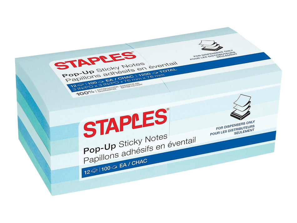 Staples® Pop-up Notes, 3" x 3", Ocean Views Collection, 100 Sheet/Pad, 12 Pads/Pack