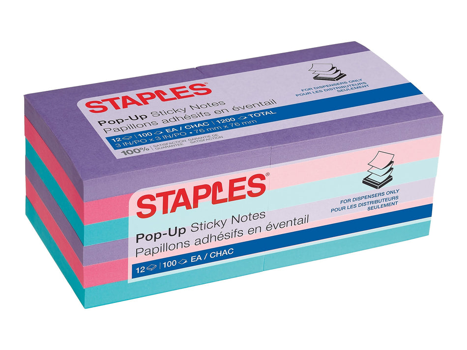 Staples® Pop-up Notes, 3" x 3", Pool Party Collection, 100 Sheet/Pad, 12 Pads/Pack