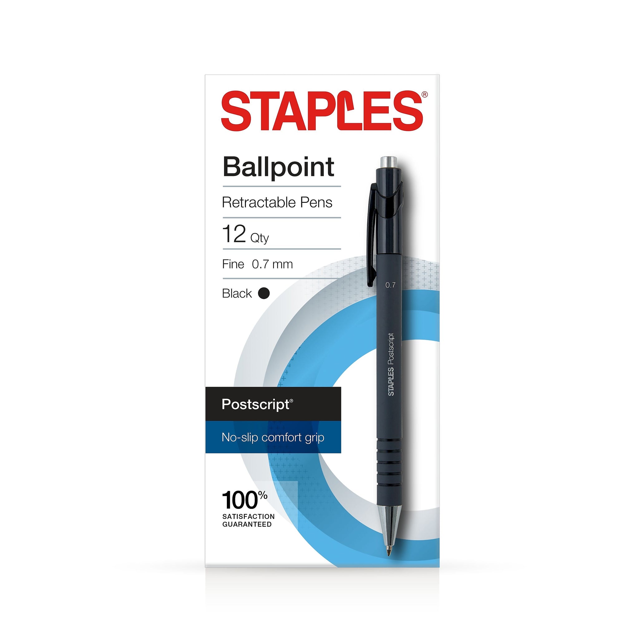 Staples Postscript Retractable Ballpoint Pens, Fine Point, Black Ink, Dozen