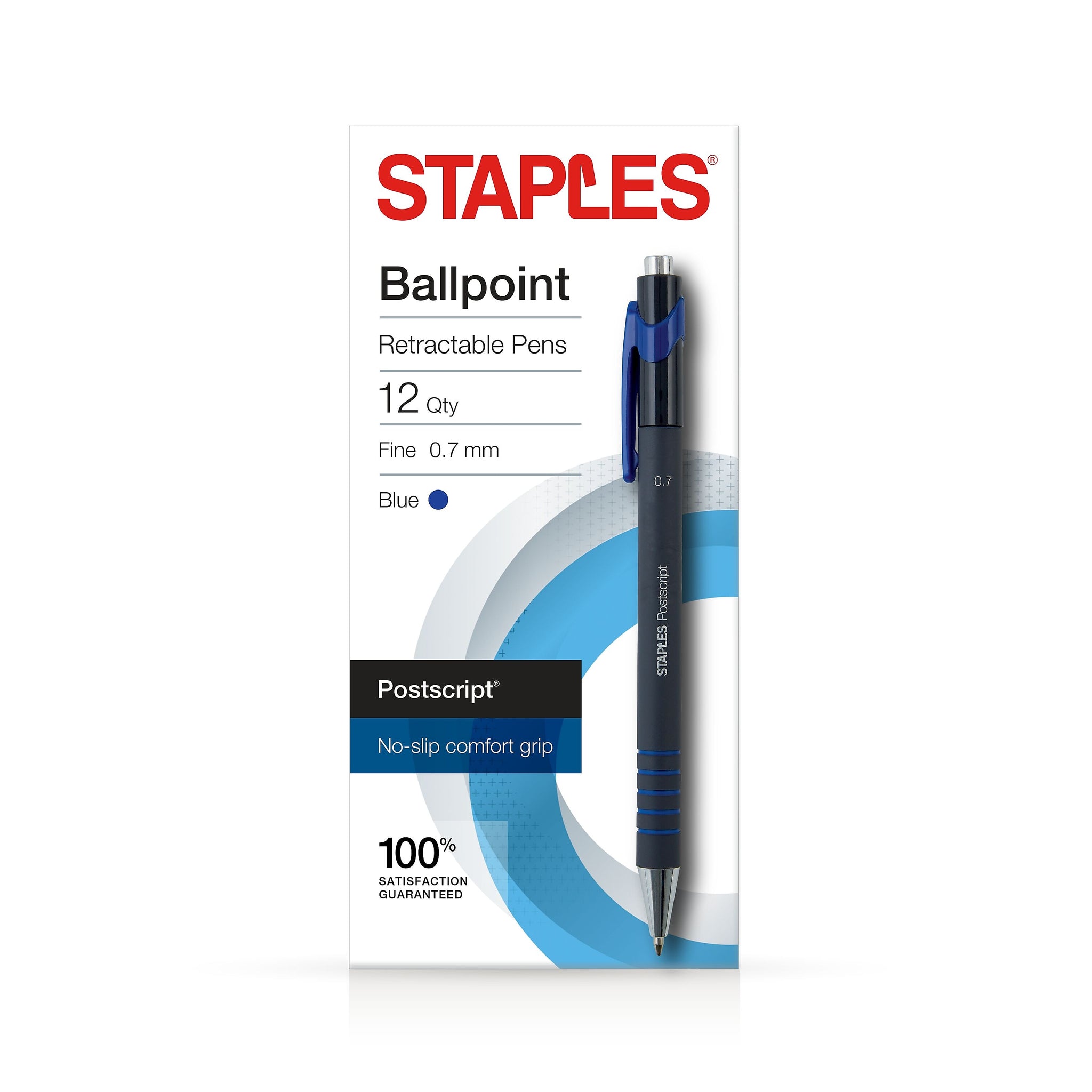 Staples Postscript Retractable Ballpoint Pens, Fine Point, Blue Ink, Dozen