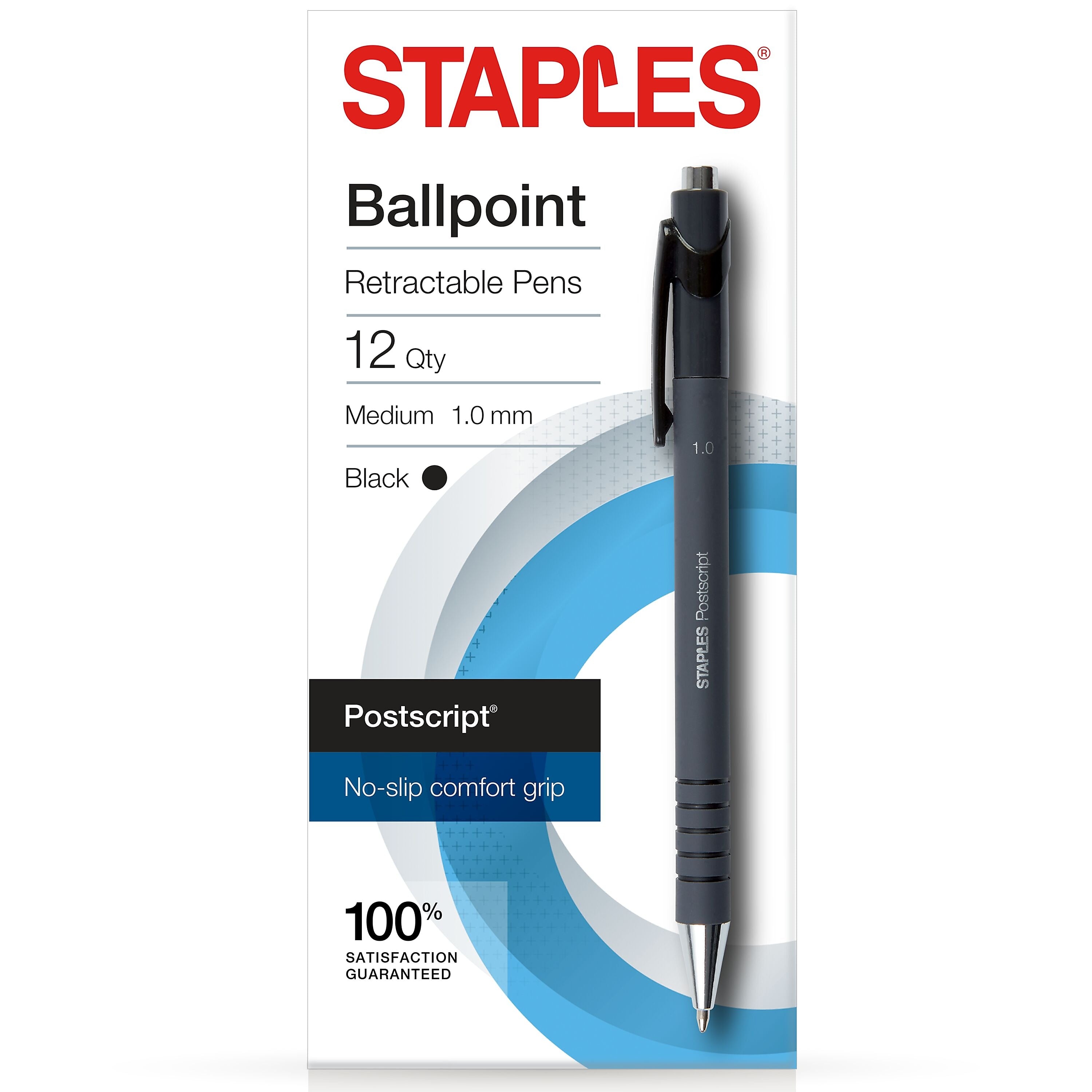 Staples Postscript Retractable Ballpoint Pens, Medium Point, Black Ink, Dozen