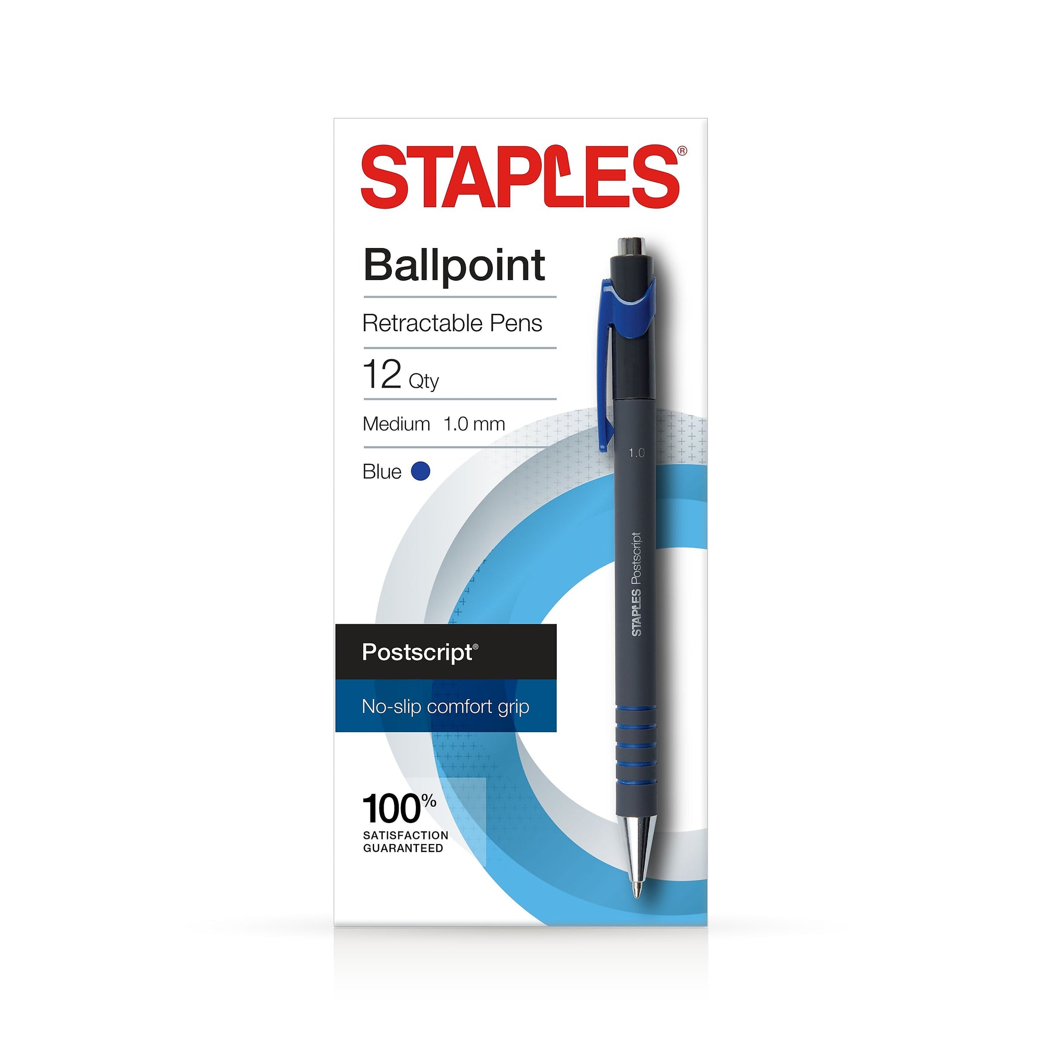 Staples Postscript Retractable Ballpoint Pens, Medium Point, Blue Ink, Dozen