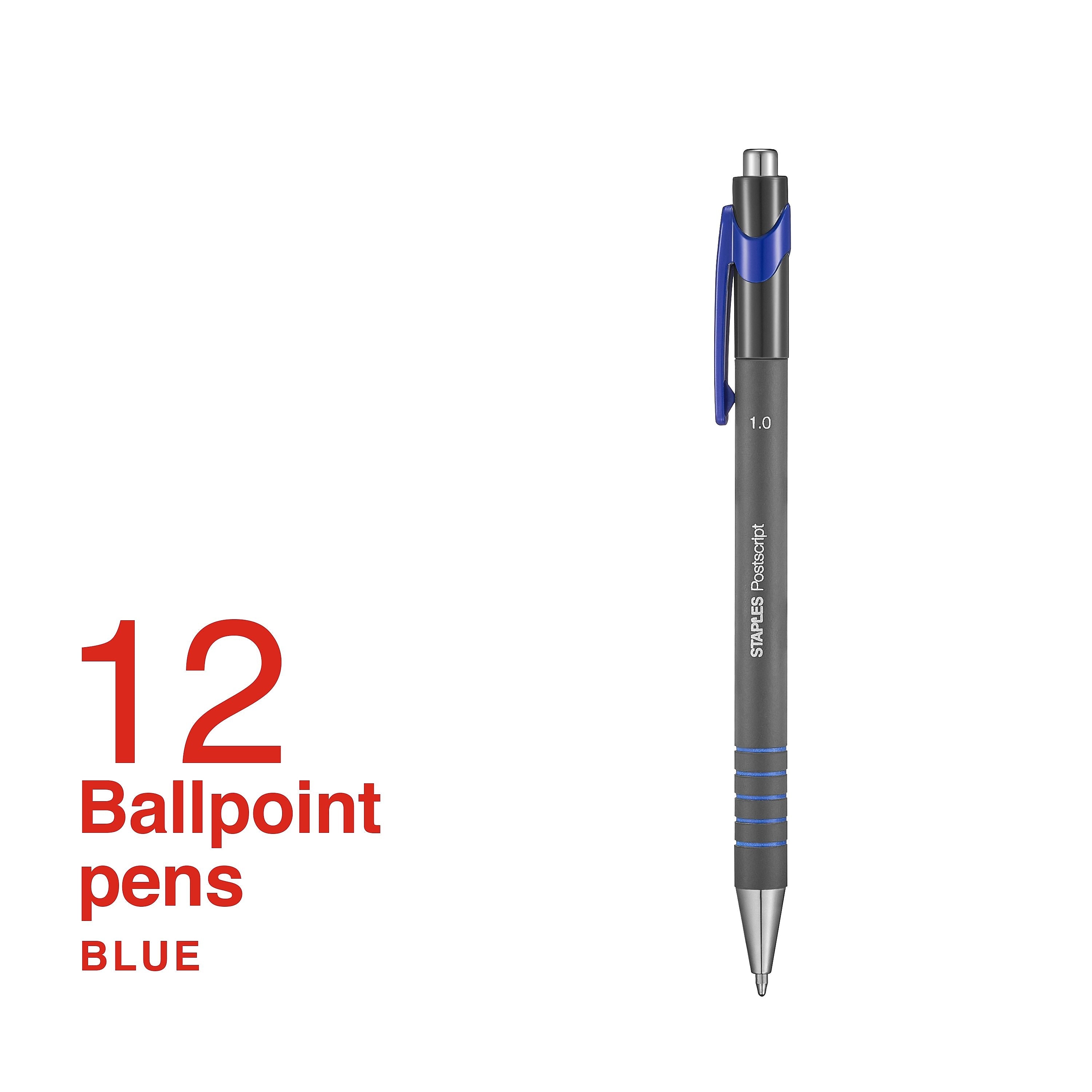 Staples Postscript Retractable Ballpoint Pens, Medium Point, Blue Ink, Dozen