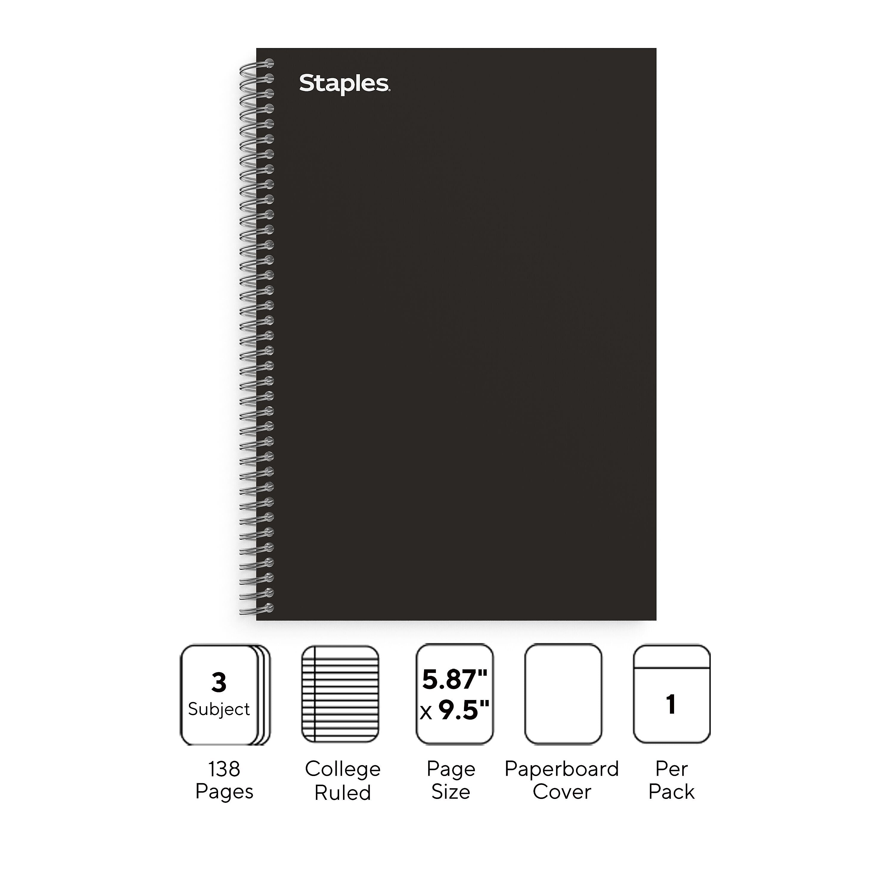 Staples Premium 3-Subject Notebook, 5.88" x 9.5", College Ruled, 138 Sheets, Black