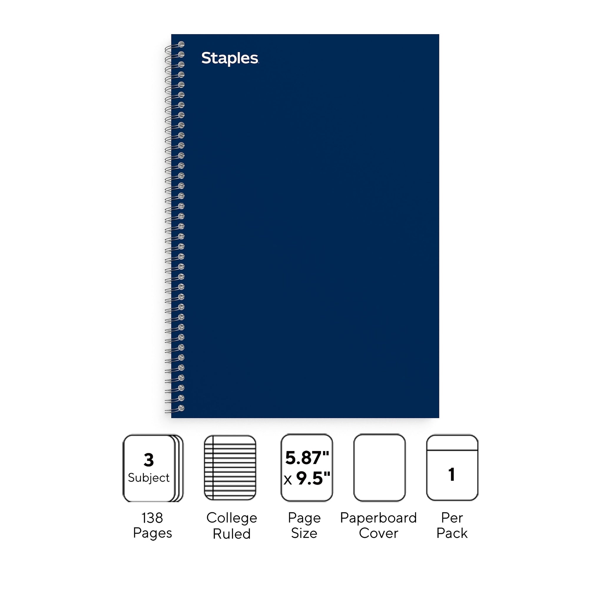 Staples Premium 3-Subject Notebook, 5.88