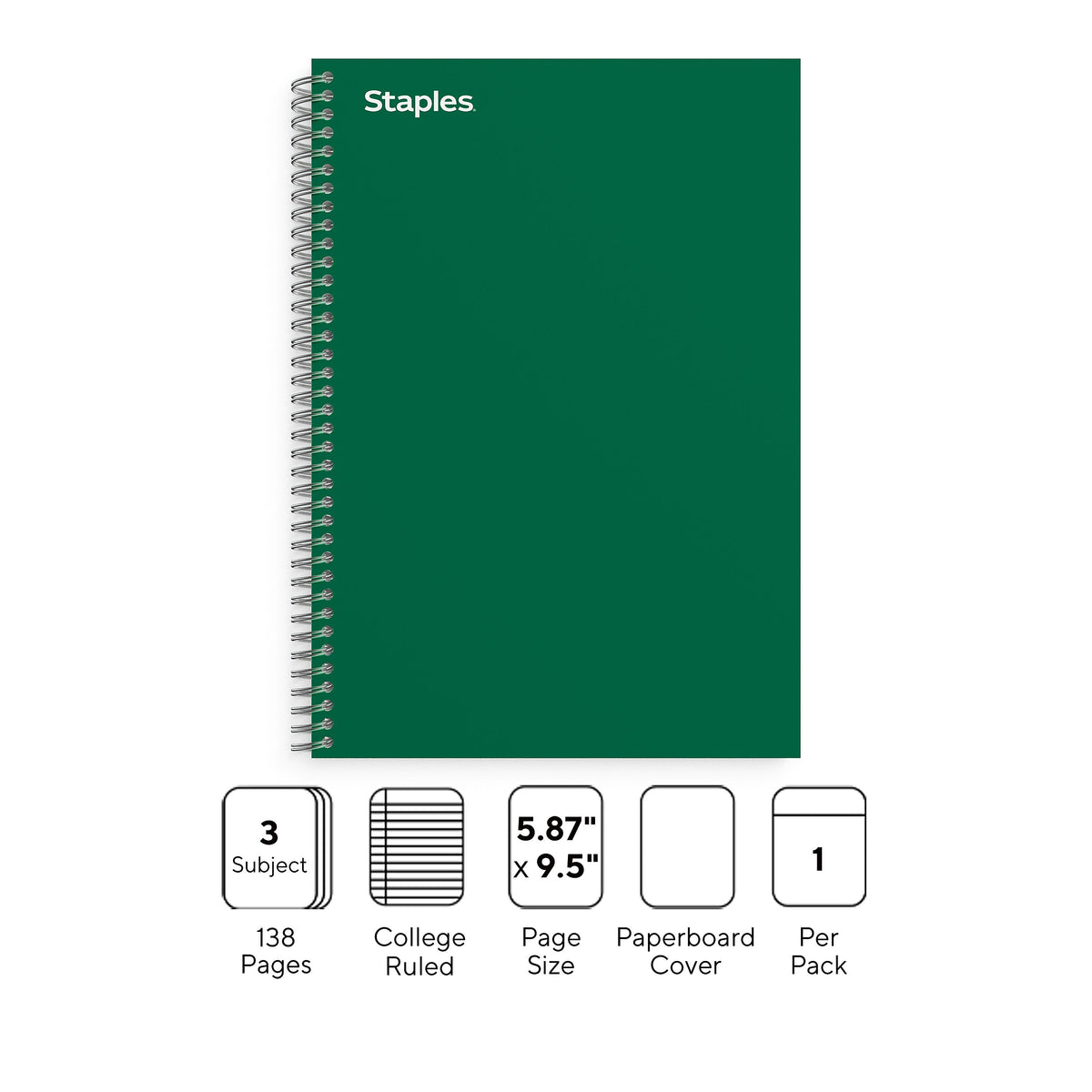 Staples Premium 3-Subject Notebook, 5.88" x 9.5", College Ruled, 138 Sheets, Green