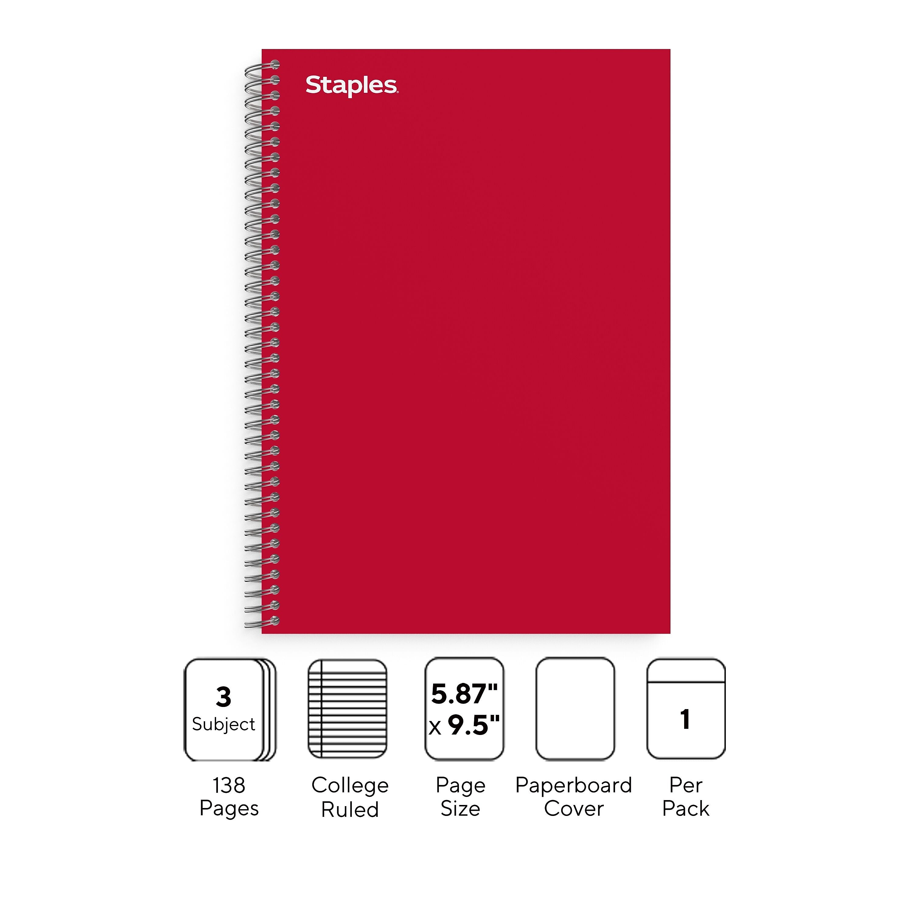 Staples Premium 3-Subject Notebook, 5.88" x 9.5", College Ruled, 138 Sheets, Red