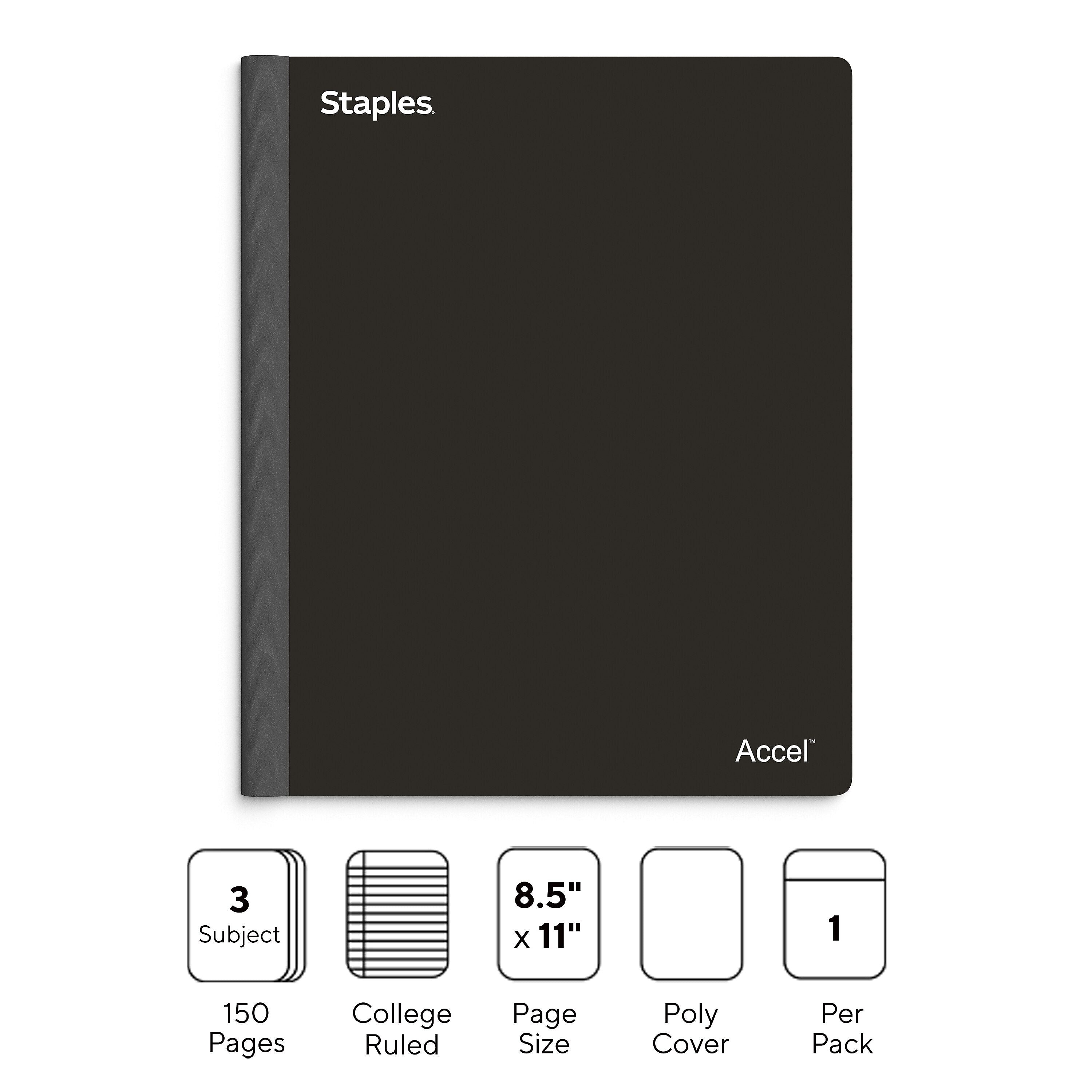 Staples Premium 3-Subject Notebook, 8.5" x 11", College Ruled, 150 Sheets, Black