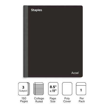 Staples Premium 3-Subject Notebook, 8.5" x 11", College Ruled, 150 Sheets, Black