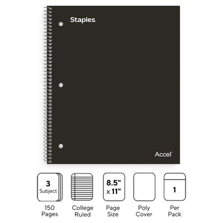 Staples Premium 3-Subject Notebook, 8.5" x 11", College Ruled, 150 Sheets, Black