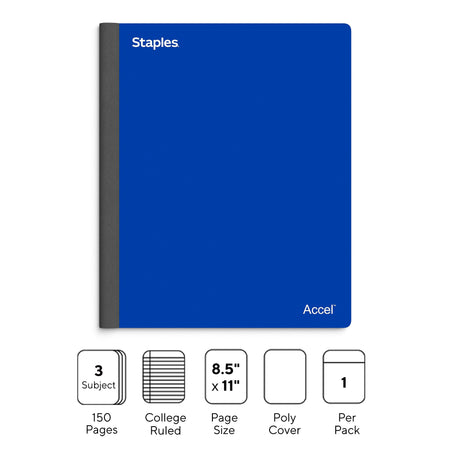 Staples Premium 3-Subject Notebook, 8.5" x 11", College Ruled, 150 Sheets, Blue