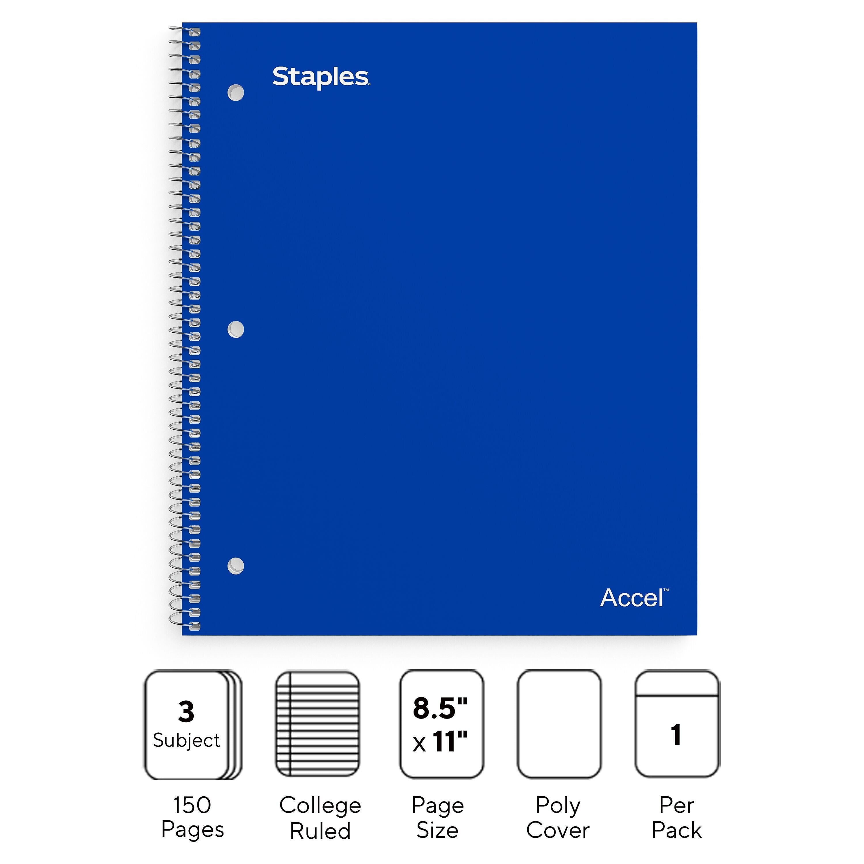 Staples Premium 3-Subject Notebook, 8.5" x 11", College Ruled, 150 Sheets, Blue