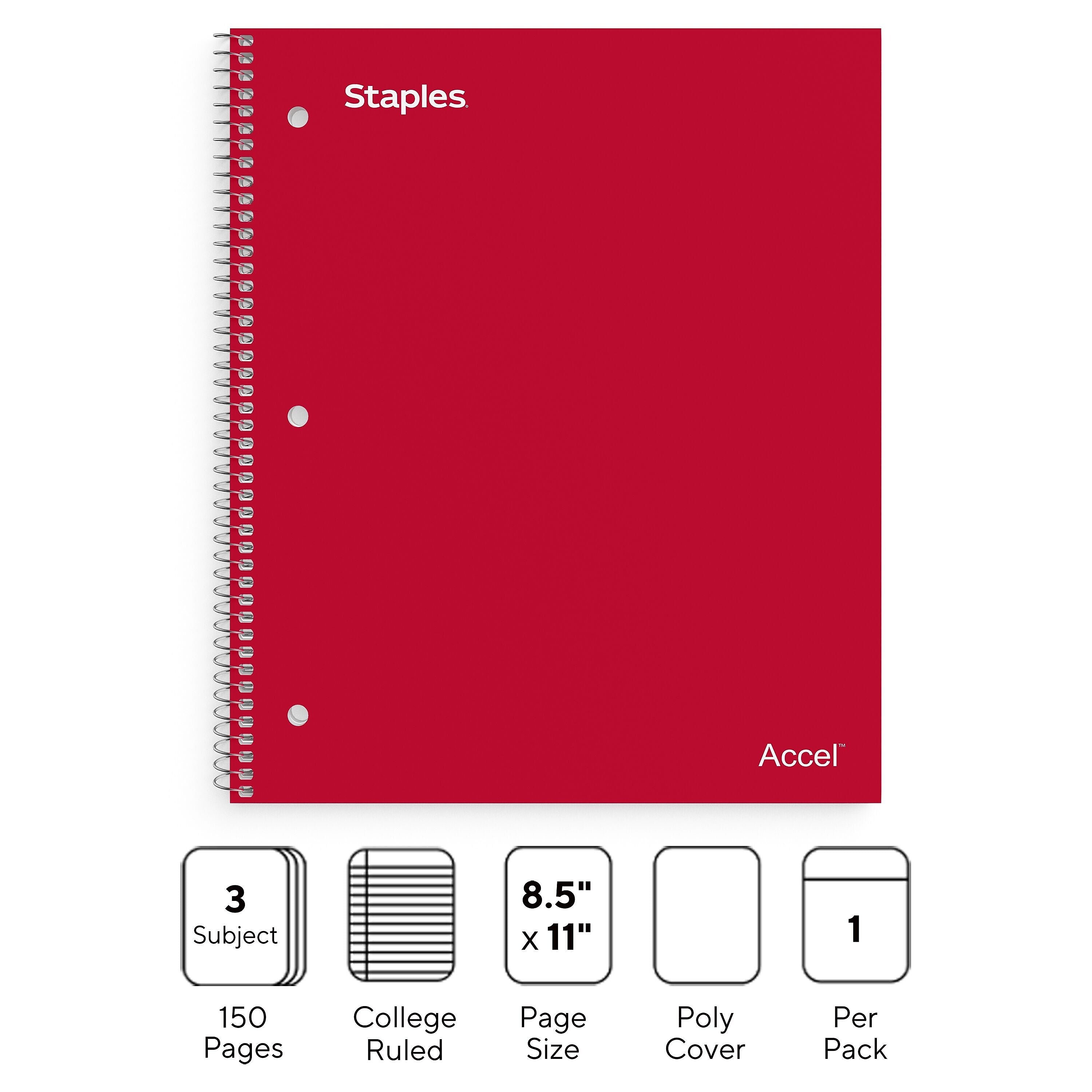 Staples Premium 3-Subject Notebook, 8.5" x 11", College Ruled, 150 Sheets, Red