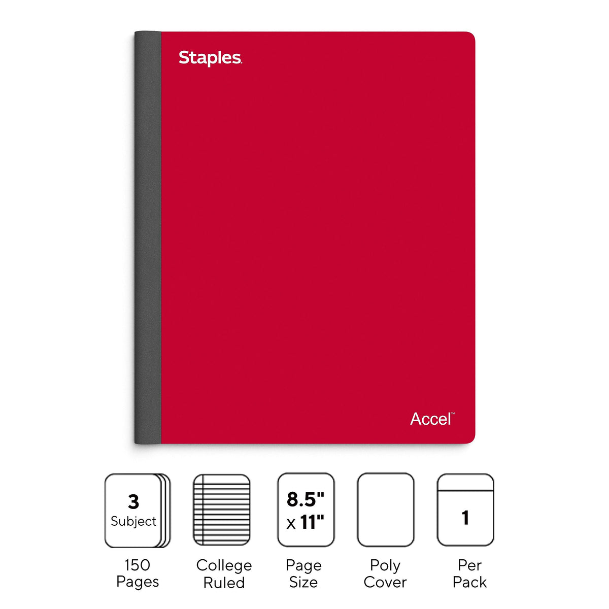 Staples Premium 3-Subject Notebook, 8.5" x 11", College Ruled, 150 Sheets, Red