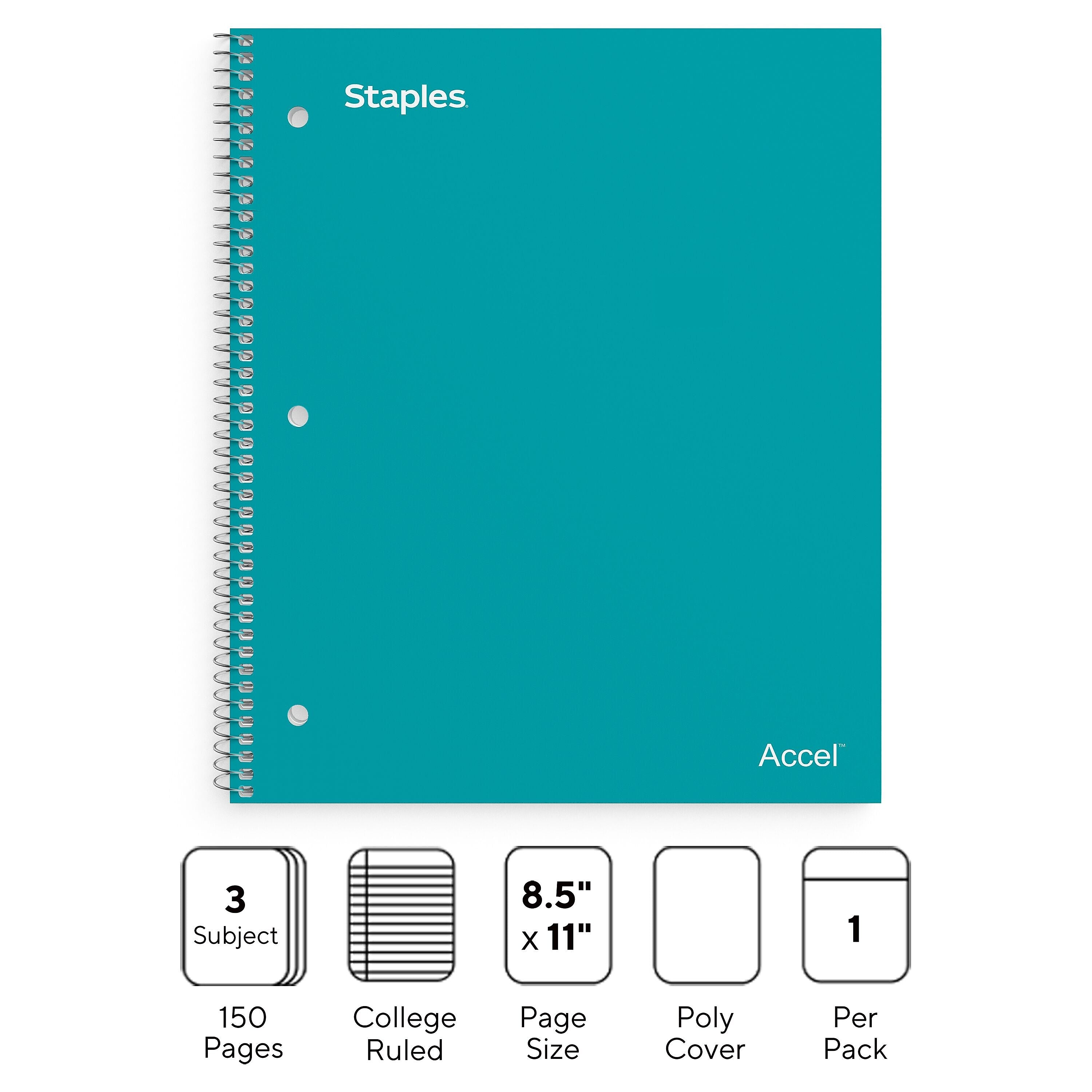 Staples Premium 3-Subject Notebook, 8.5" x 11", College Ruled, 150 Sheets, Teal