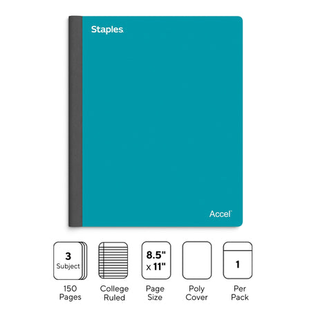 Staples Premium 3-Subject Notebook, 8.5" x 11", College Ruled, 150 Sheets, Teal