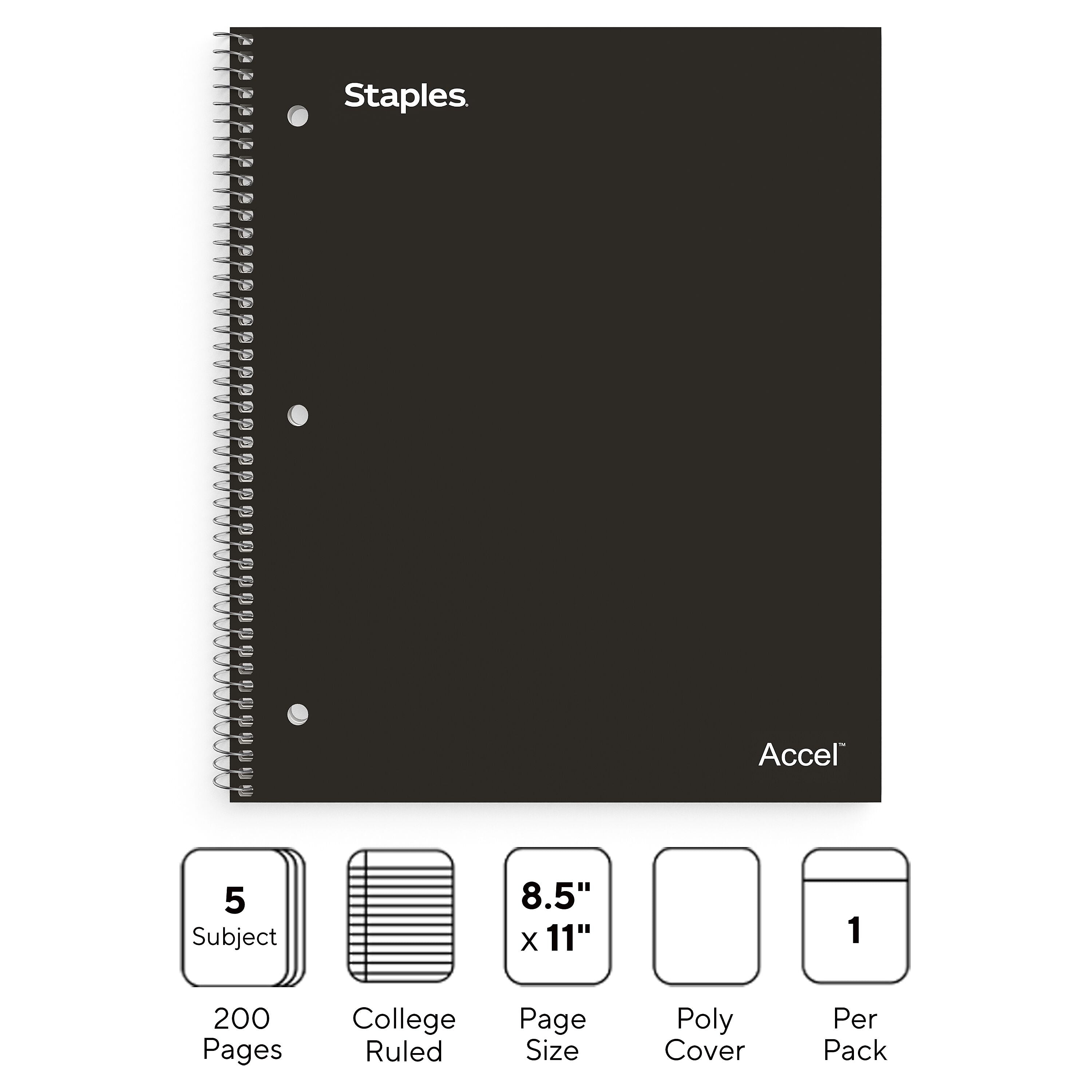 Staples Premium 5-Subject Notebook, 8.5" x 11", College Ruled, 200 Sheets, Black