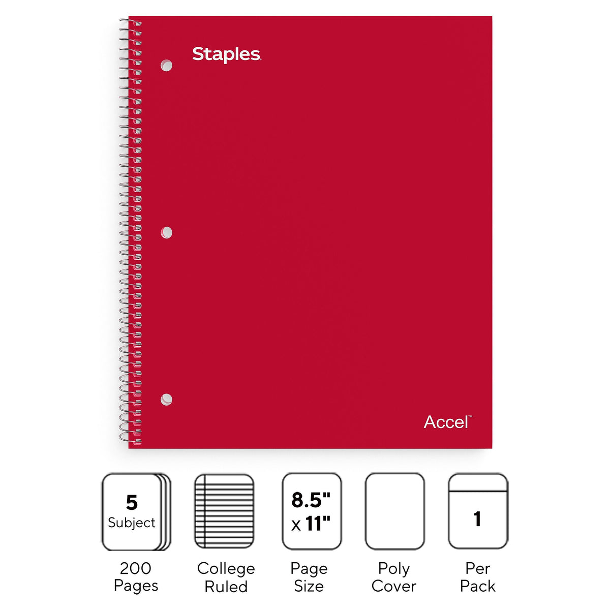 Staples Premium 5-Subject Notebook, 8.5" x 11", College Ruled, 200 Sheets, Red