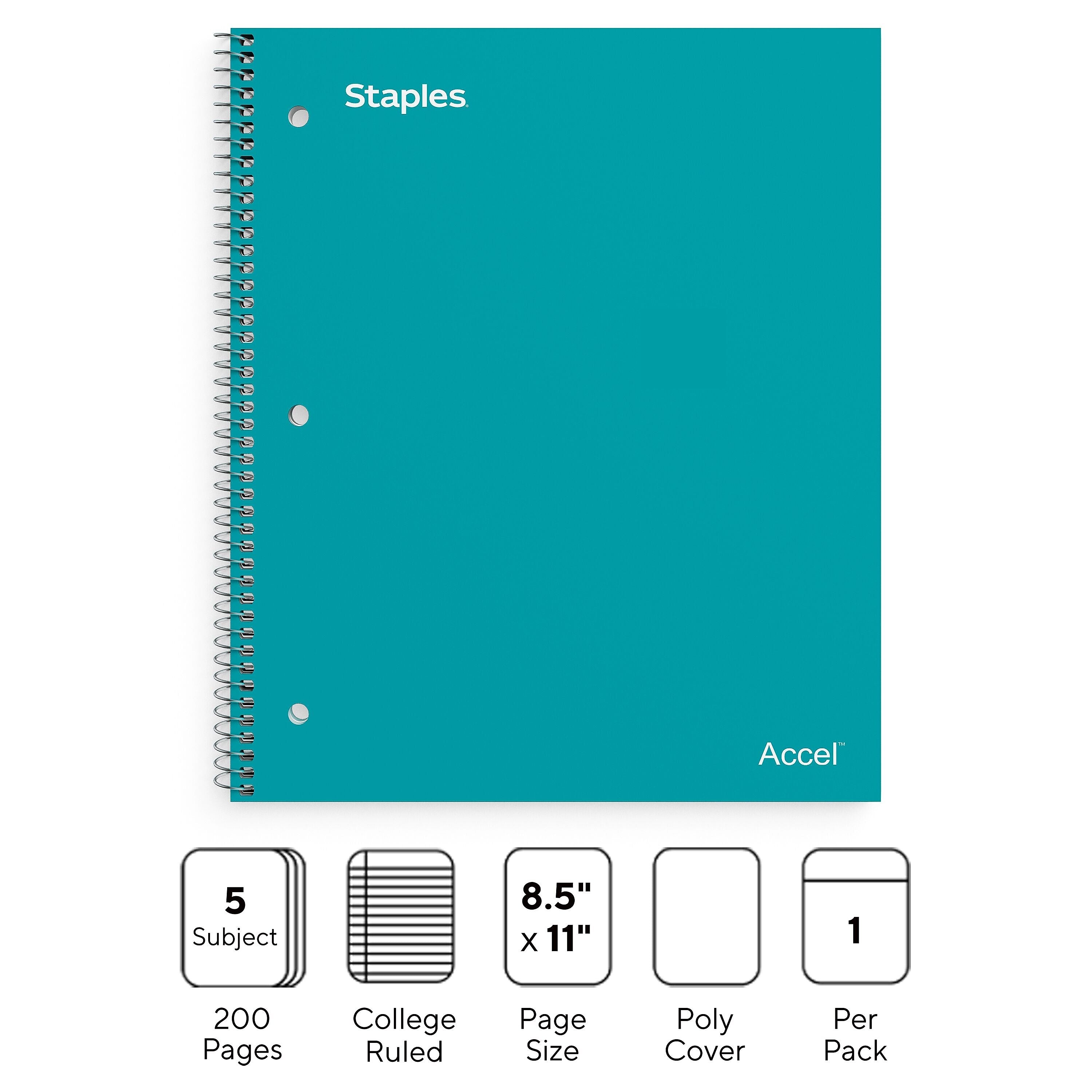 Staples Premium 5-Subject Notebook, 8.5" x 11", College Ruled, 200 Sheets, Teal