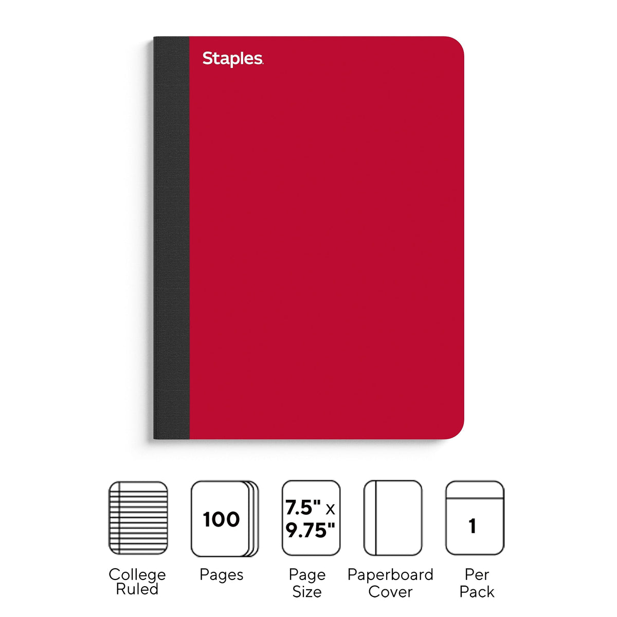 Staples® Premium Composition Notebooks, 7.5" x 9.75", College Ruled, 100 Sheets, Red