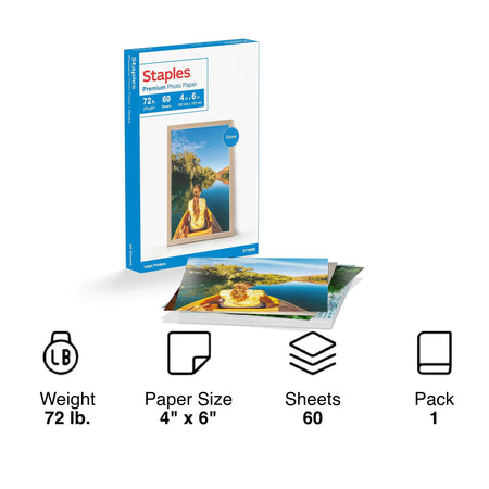 Staples Premium Glossy Photo Paper, 4"W x 6"L, 60/Pack