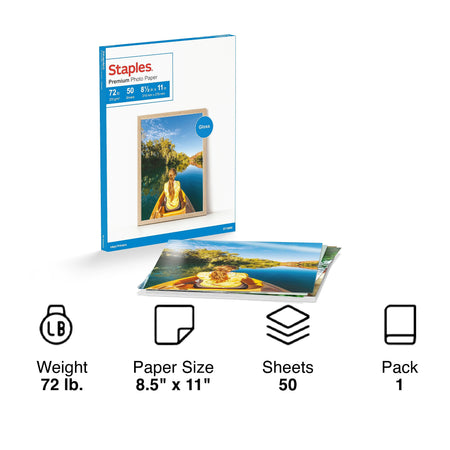 Staples Premium Glossy Photo Paper, 8.5"W x 11"L, 50/Pack