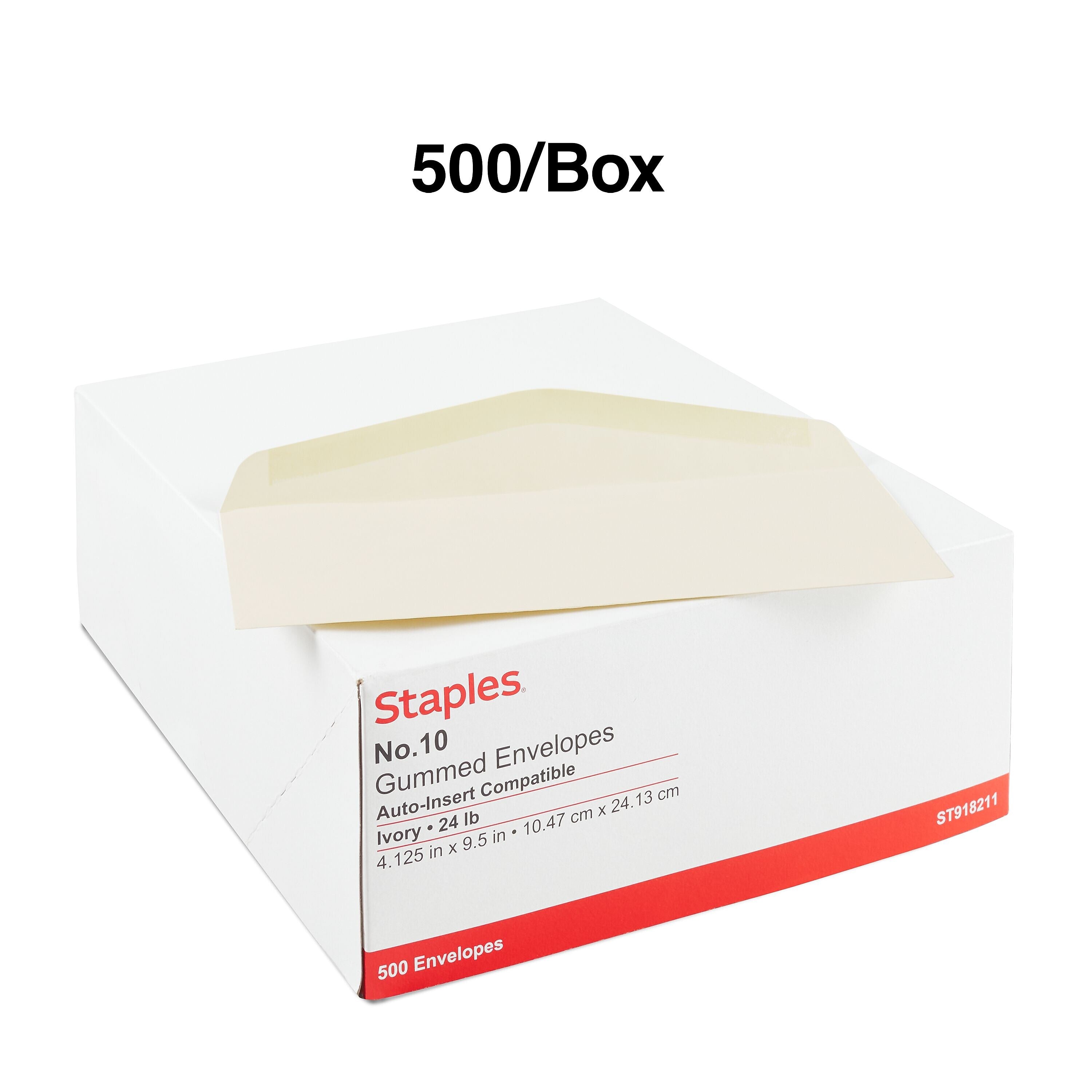 Staples Premium Gummed #10 Business Envelopes, 4 1/8" x 9 1/2", Ivory, 500/Box