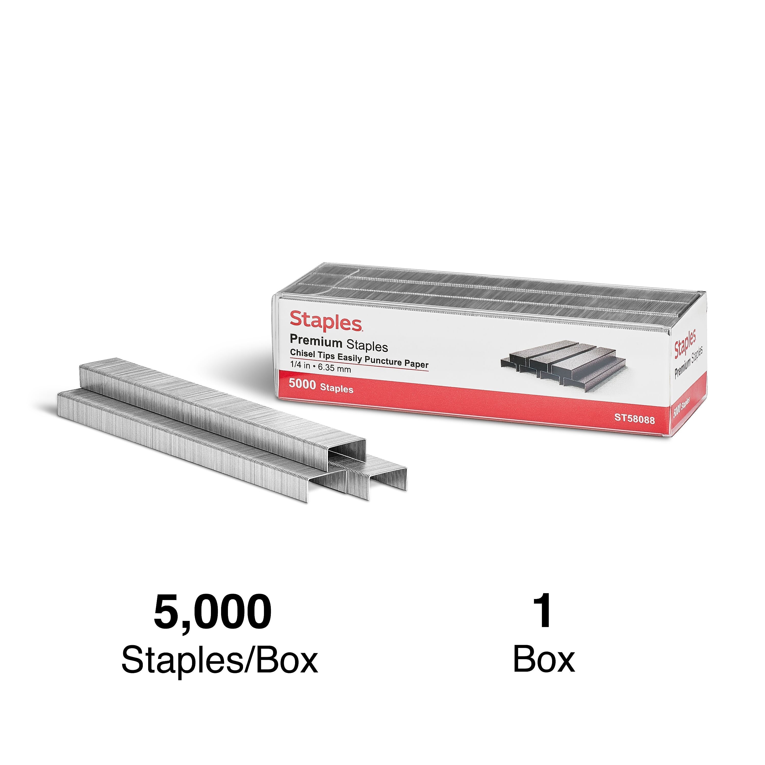 Staples Premium Staples, 1/4" Leg Length, 5000/Box