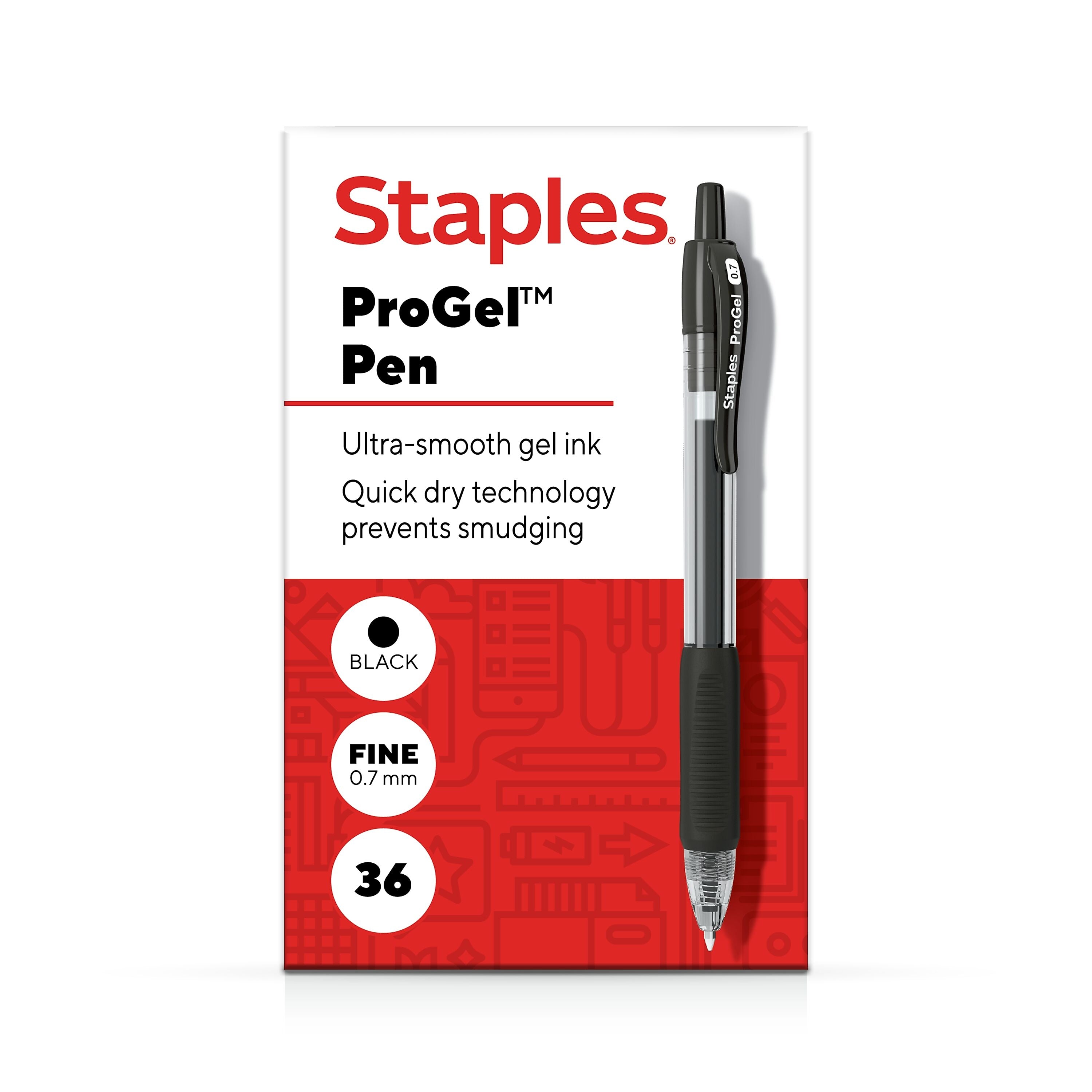 Staples® ProGel™ Retractable Gel Pen, Fine Point, 0.7mm, Black Ink, 36/Pack
