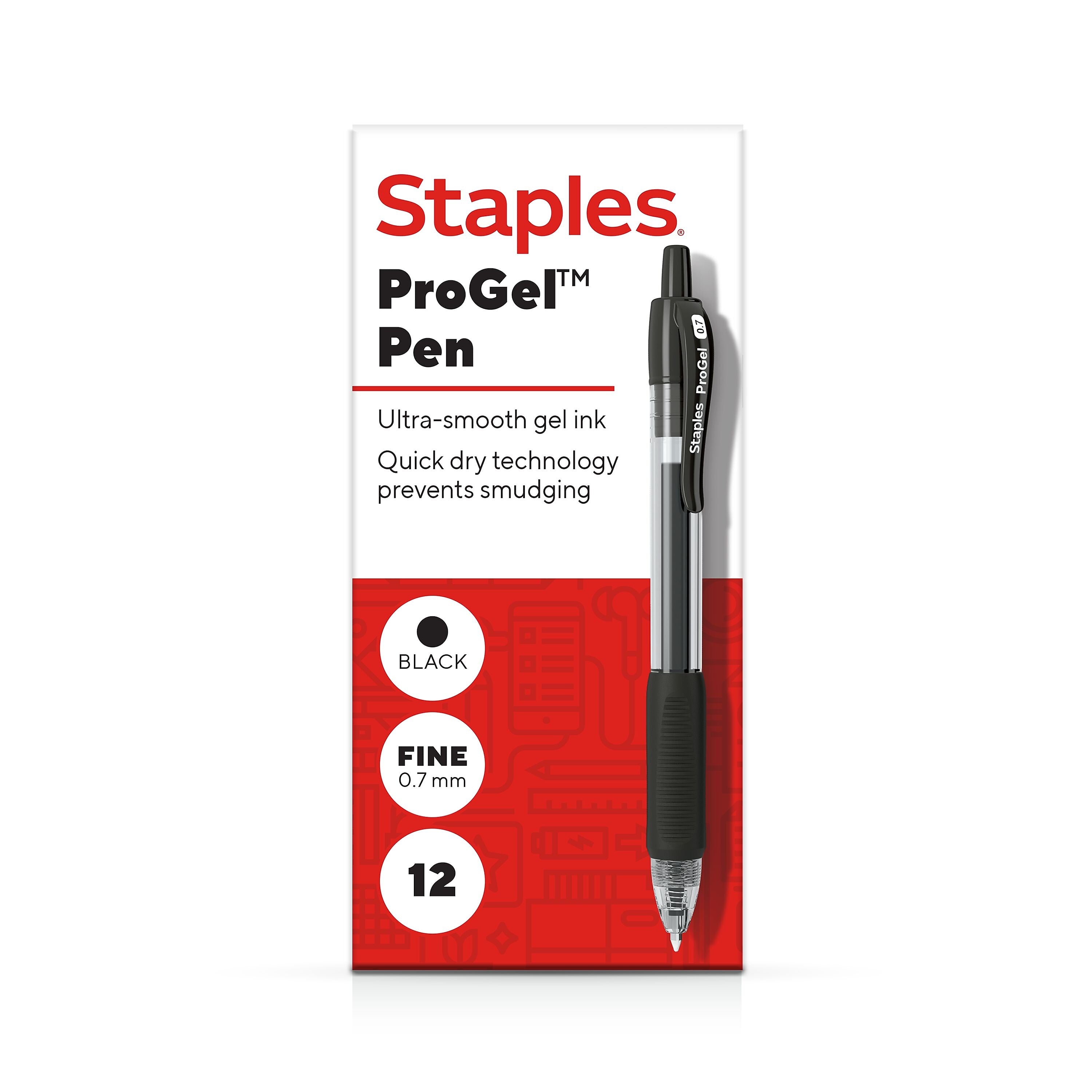 Staples® ProGel™ Retractable Gel Pen, Fine Point, 0.7mm, Black Ink, Dozen