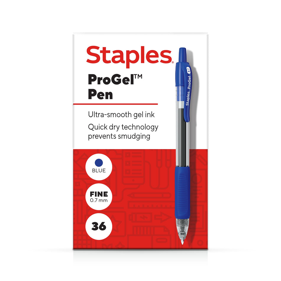 Staples® ProGel™ Retractable Gel Pen, Fine Point, 0.7mm, Blue Ink, 36/Pack