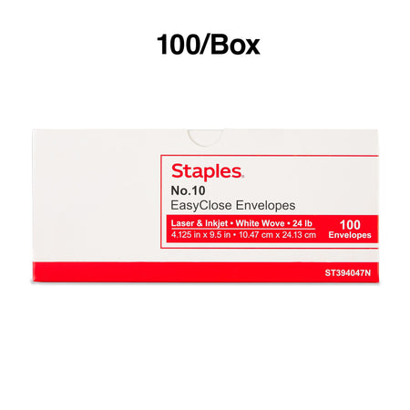 Staples QuickStrip EasyClose #10 Business Envelopes, 4 1/8" x 9 1/2", White, 100/Box