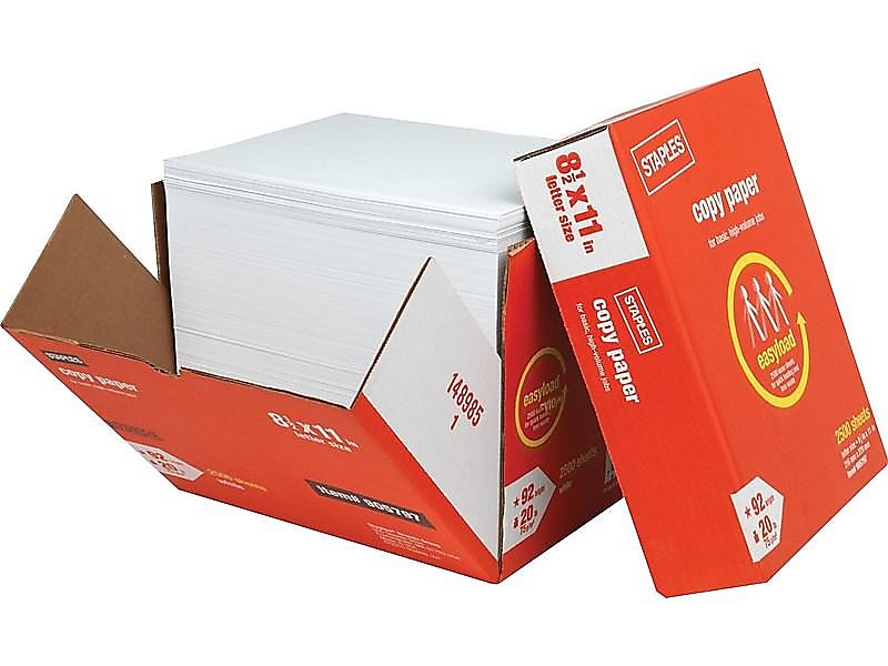 Staples Ream-Less Copy Paper, 8.5" x 11", 20 lbs., White, 2500 Sheets/Carton