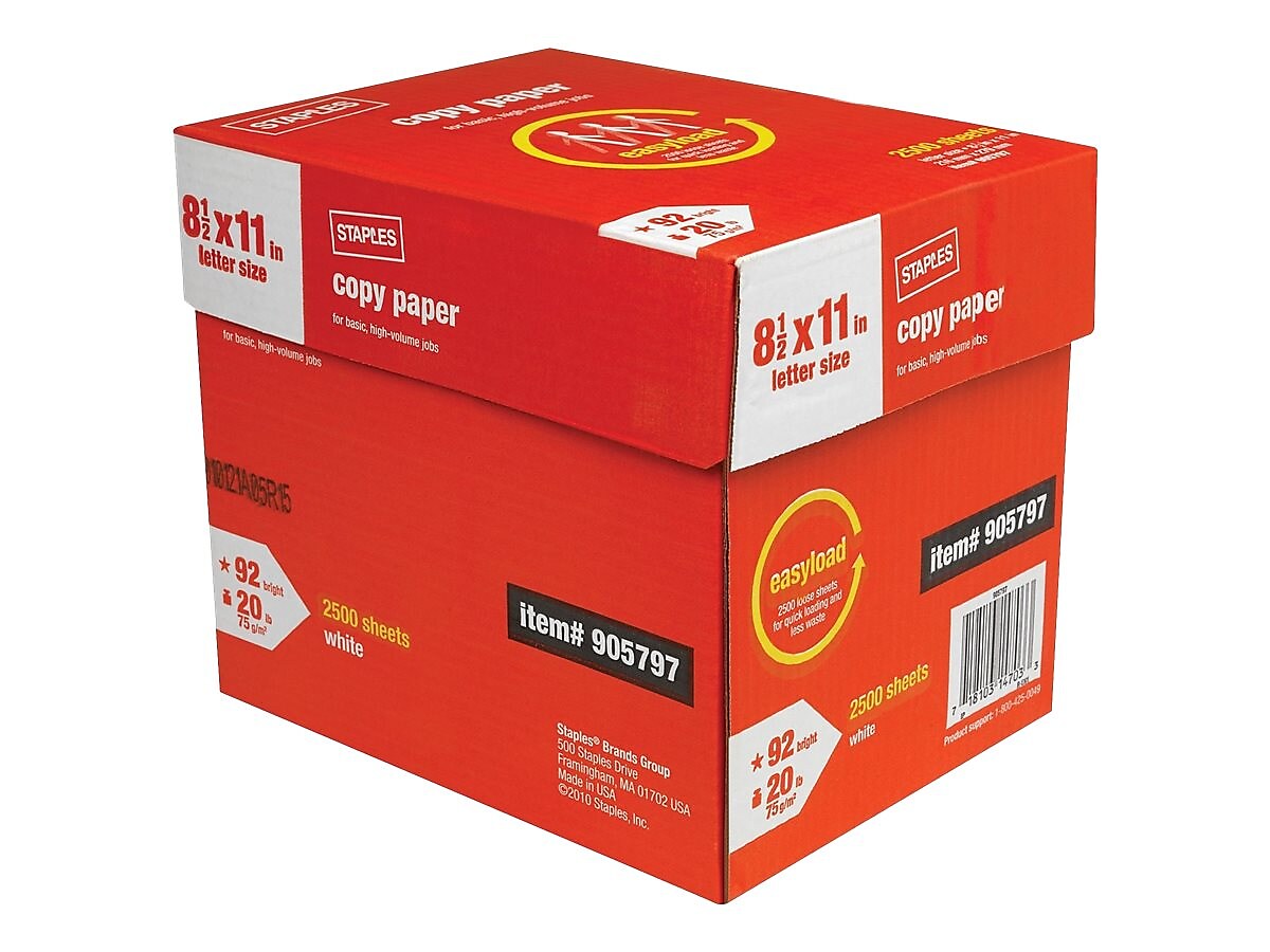 Staples Ream-Less Copy Paper, 8.5" x 11", 20 lbs., White, 2500 Sheets/Carton