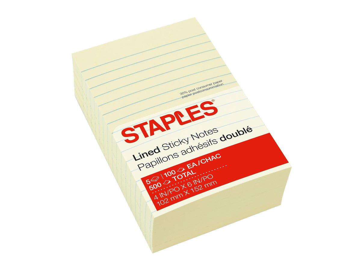 Staples® Recycled Notes, 4" x 6", Sunshine Collection, Lined, 100 Sheet/Pad, 5 Pads/Pack