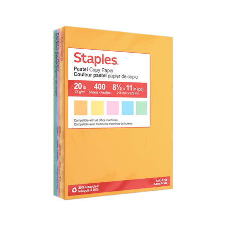 Staples Recycled Pastel Multipurpose Paper, 20 lbs., 8.5" x 11", Assorted, 400 Sheets/Pack