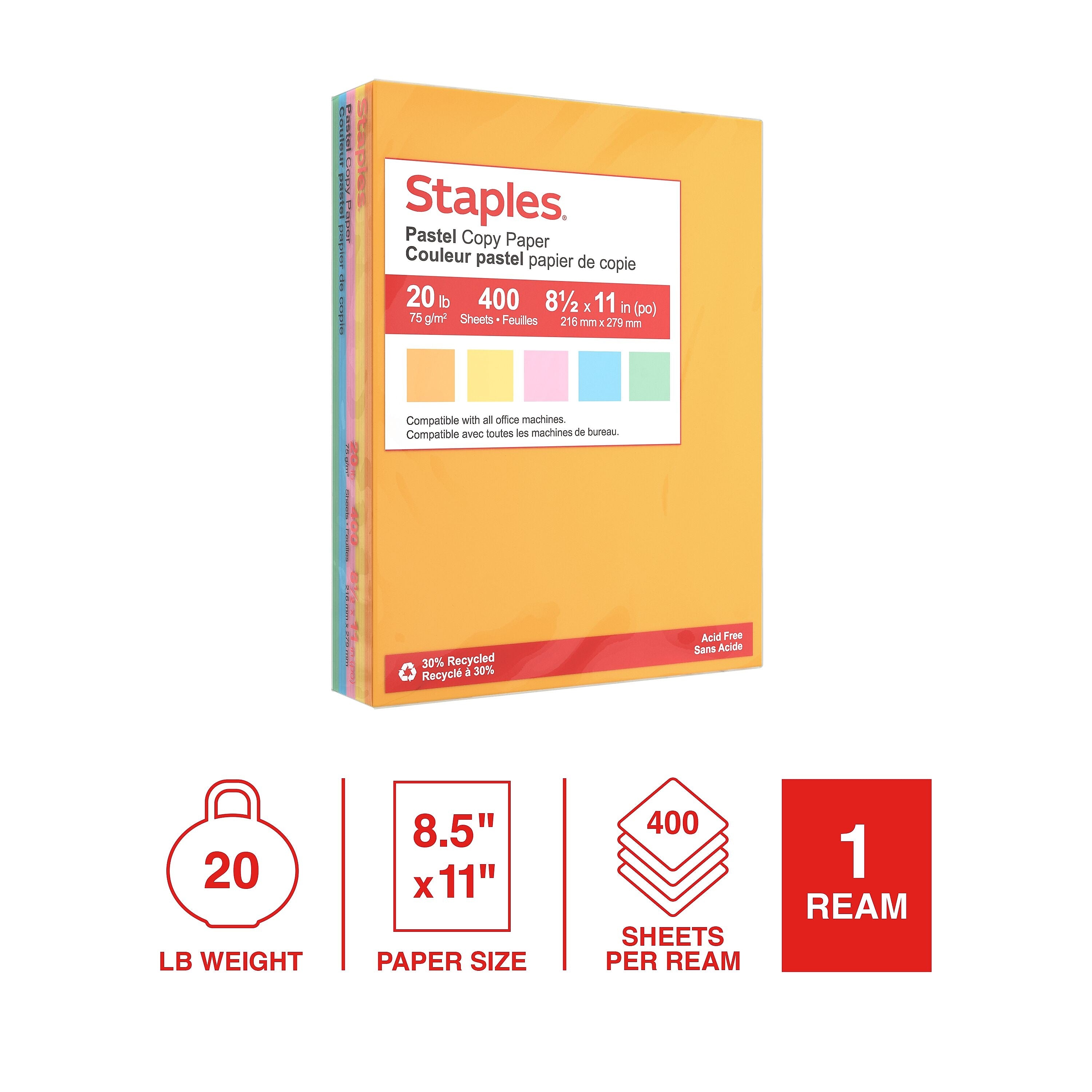 Staples Recycled Pastel Multipurpose Paper, 20 lbs., 8.5" x 11", Assorted, 400 Sheets/Pack