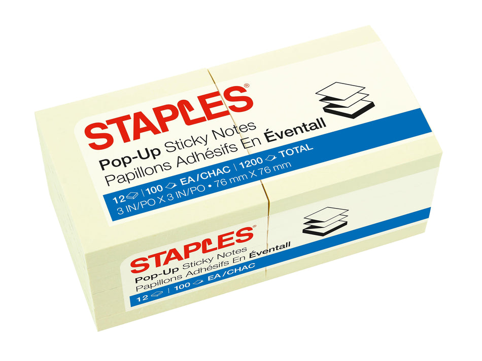 Staples® Recycled Pop-up Notes, 3" x 3", Sunshine Collection, 100 Sheet/Pad, 12 Pads/Pack