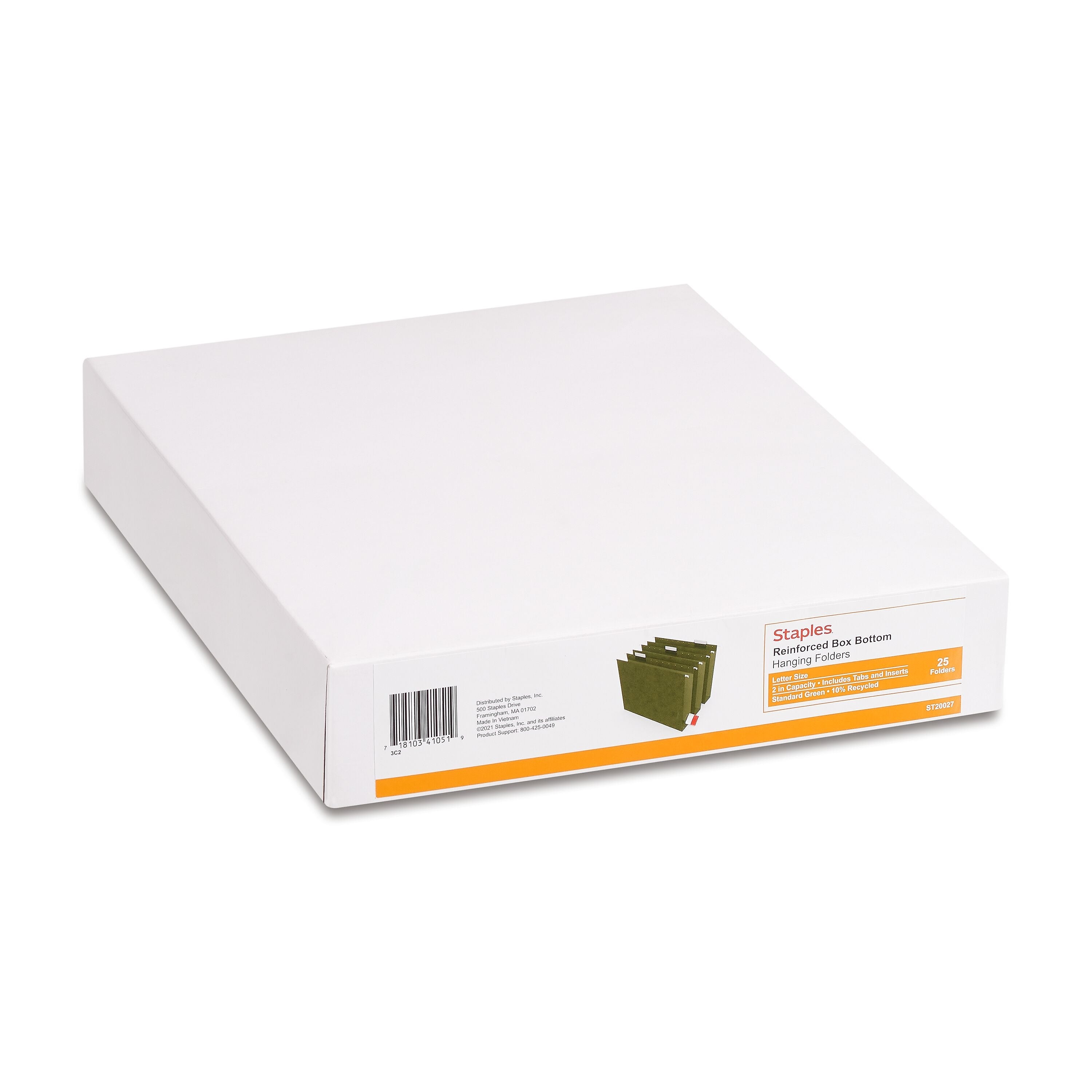 Staples Reinforced Box Bottom Hanging File Folder, 2" Expansion, 1/5-Cut Tab, Letter Size, Standard Green, 25/Box