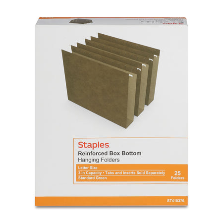 Staples Reinforced Box-Bottom Hanging File Folders, 3" Expansion, 1/5-Cut Tab, Letter Size, Standard Green, 25/Box