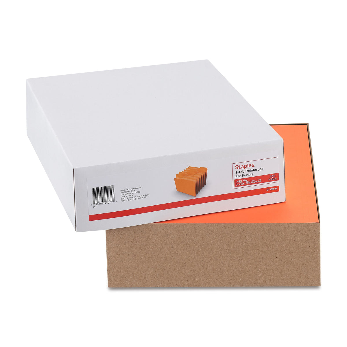 Staples Reinforced File Folder, 1/3-Cut Tab, Letter Size, Orange, 100/Box