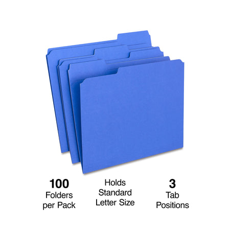 Staples Reinforced File Folders, 1/3-Cut Tab, Letter Size, Blue, 100/Box