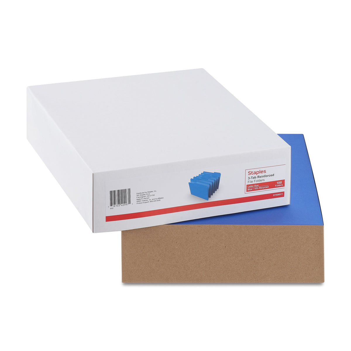 Staples Reinforced File Folders, 1/3-Cut Tab, Letter Size, Blue, 100/Box