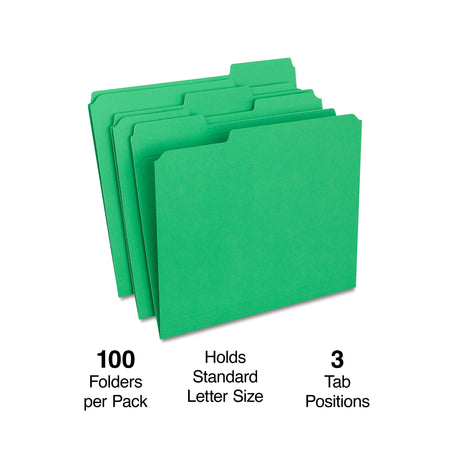 Staples Reinforced File Folders, 1/3-Cut Tab, Letter Size, Green, 100/Box